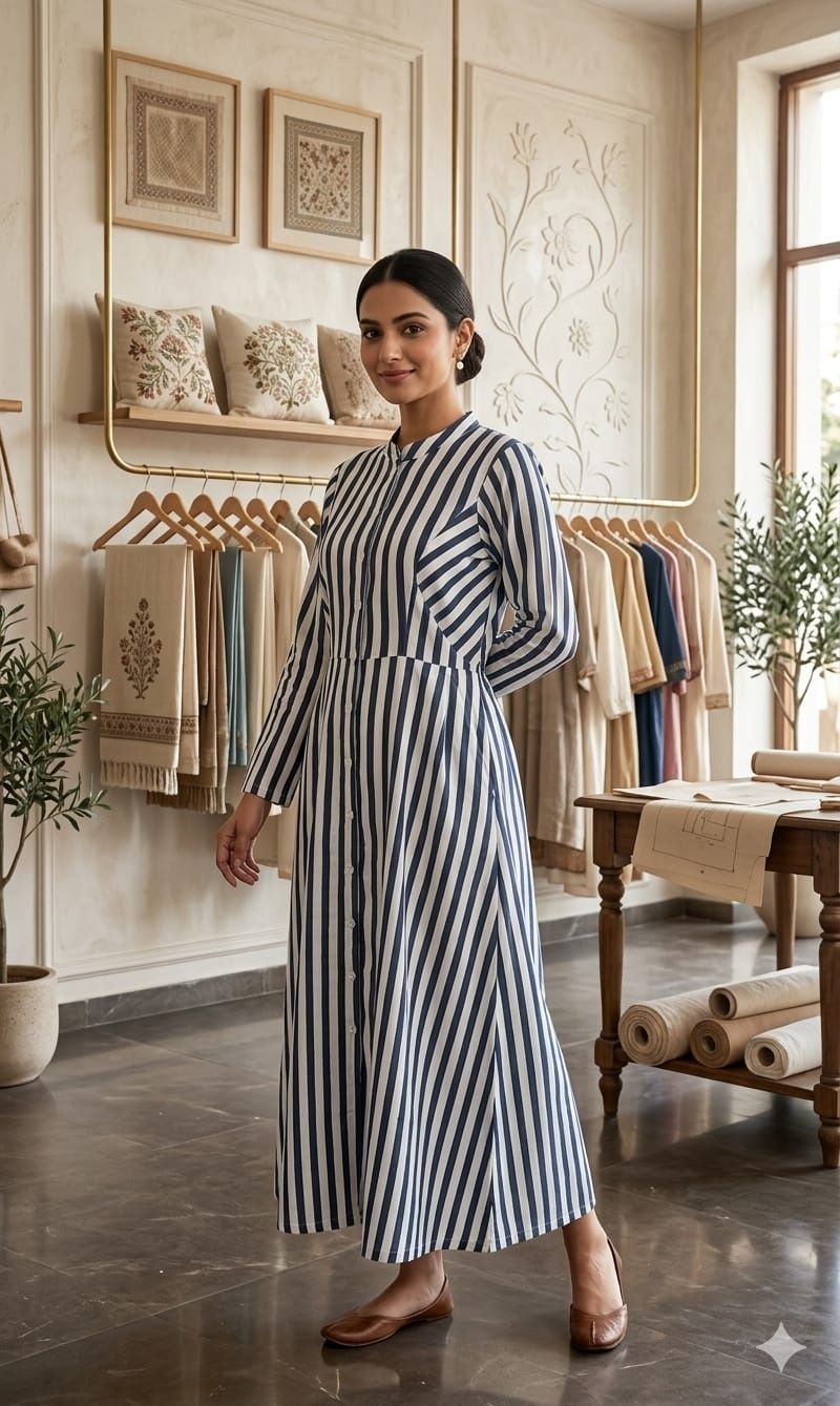 Beautiful Cotton Tunic In Strip Pattern With Pockets With Openable Button Detailing