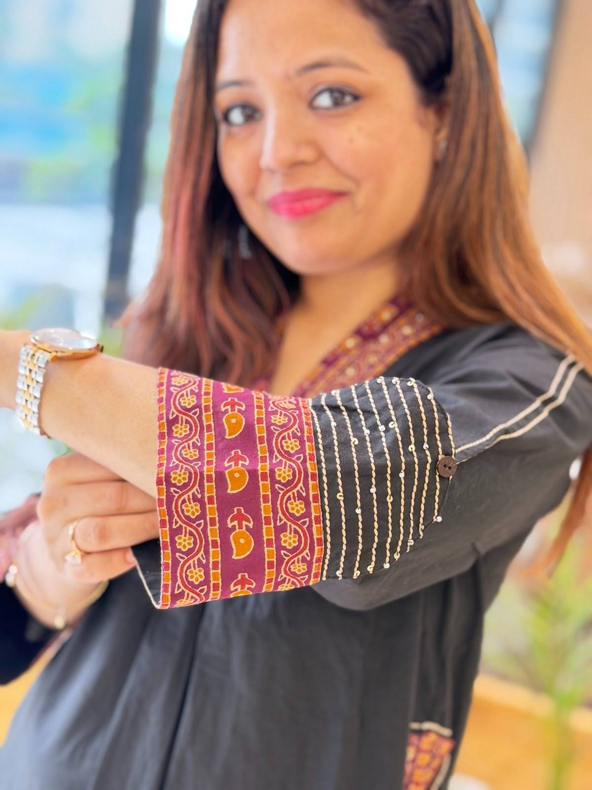 Cotton Pant Set With Designer Handwork On Sleeves Picket With Comfortable Botton in Black