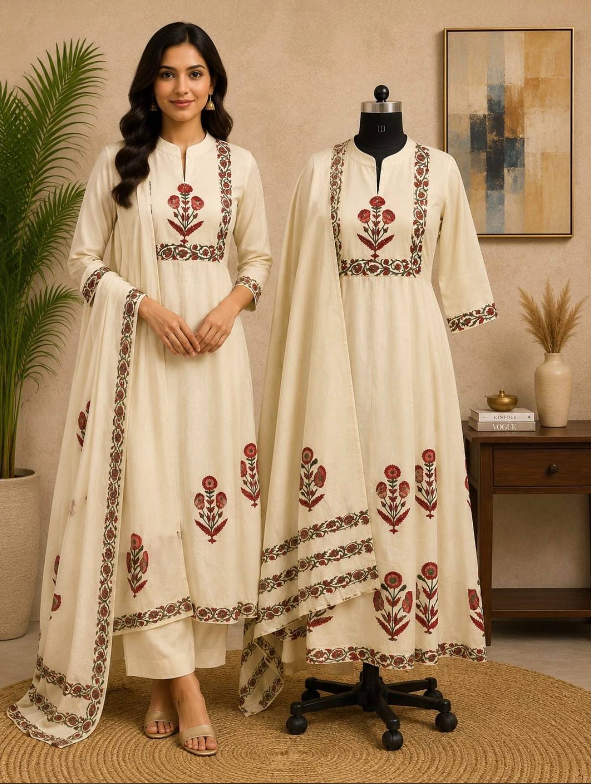 Elegant off-white cotton handblock print Anarkali suit set with lining, decorated with traditional Mughal floral motifs and detailed handblock borders. It features a matching handblock dupatta and straight pants