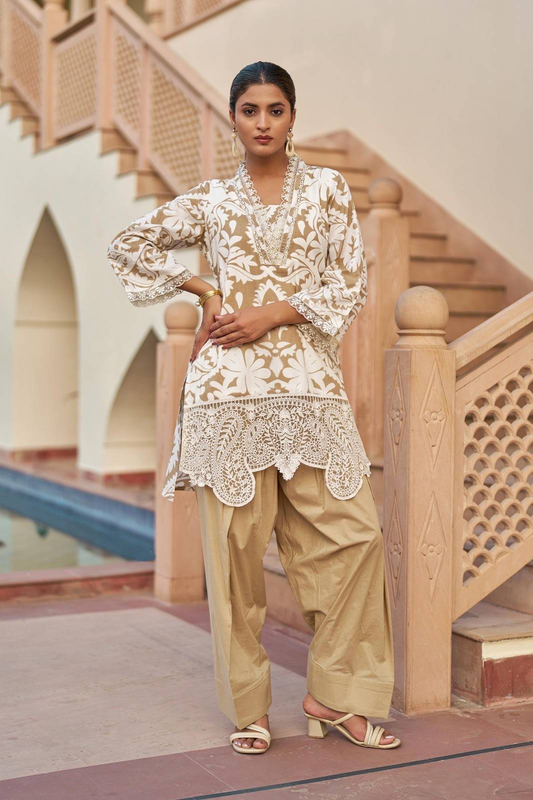 Farshi Salwar Fabric Cotton Suit Set in Green and Brown