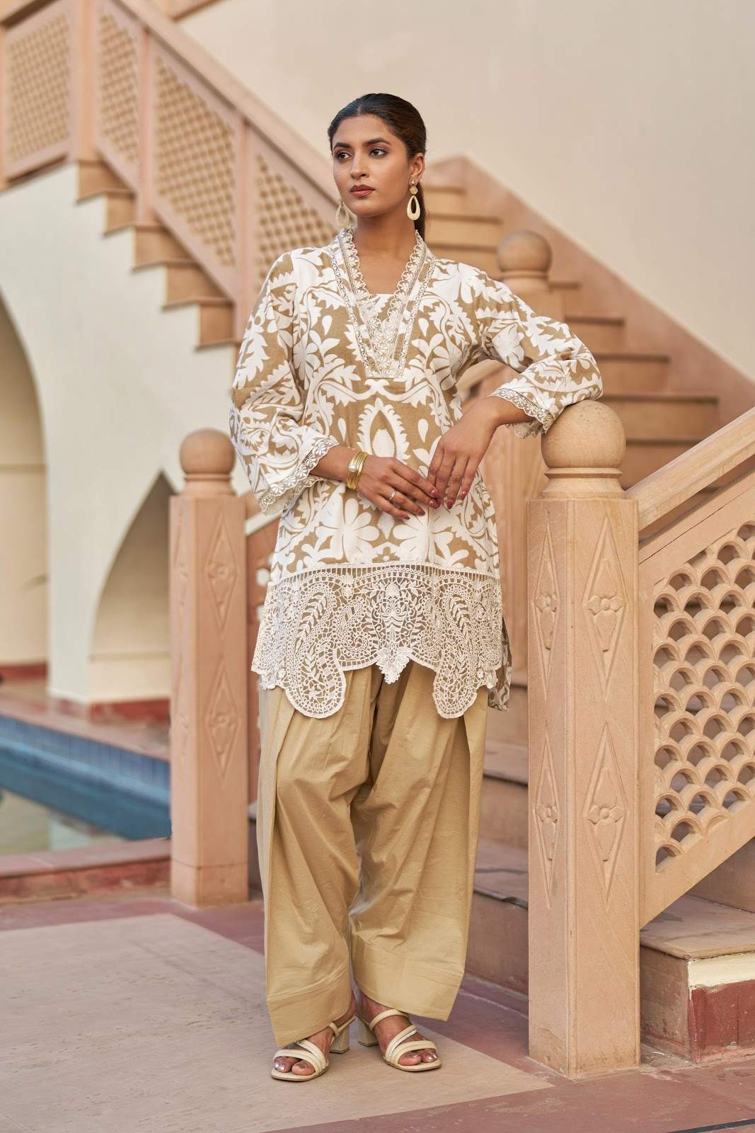 Farshi Salwar Fabric Cotton Suit Set in Green and Brown