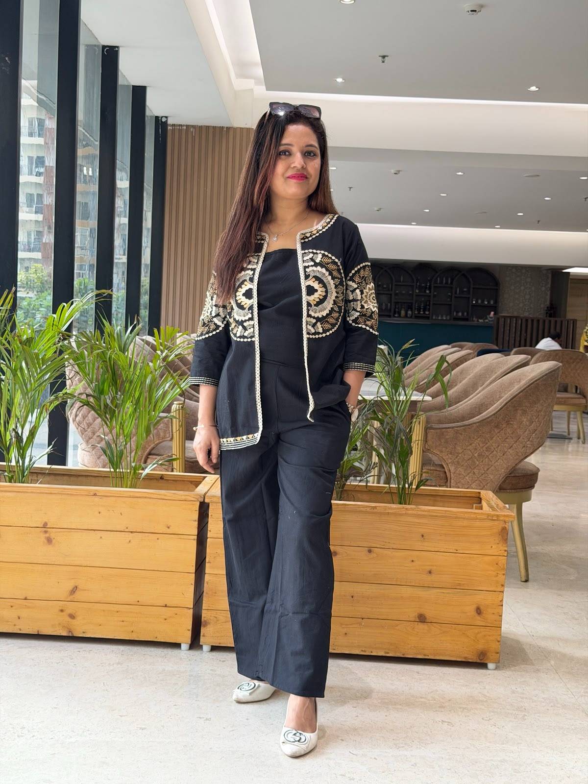 Flex Cotton Jacket Style Coordset Full Embroidered With Flex Cotton Bottom in Black