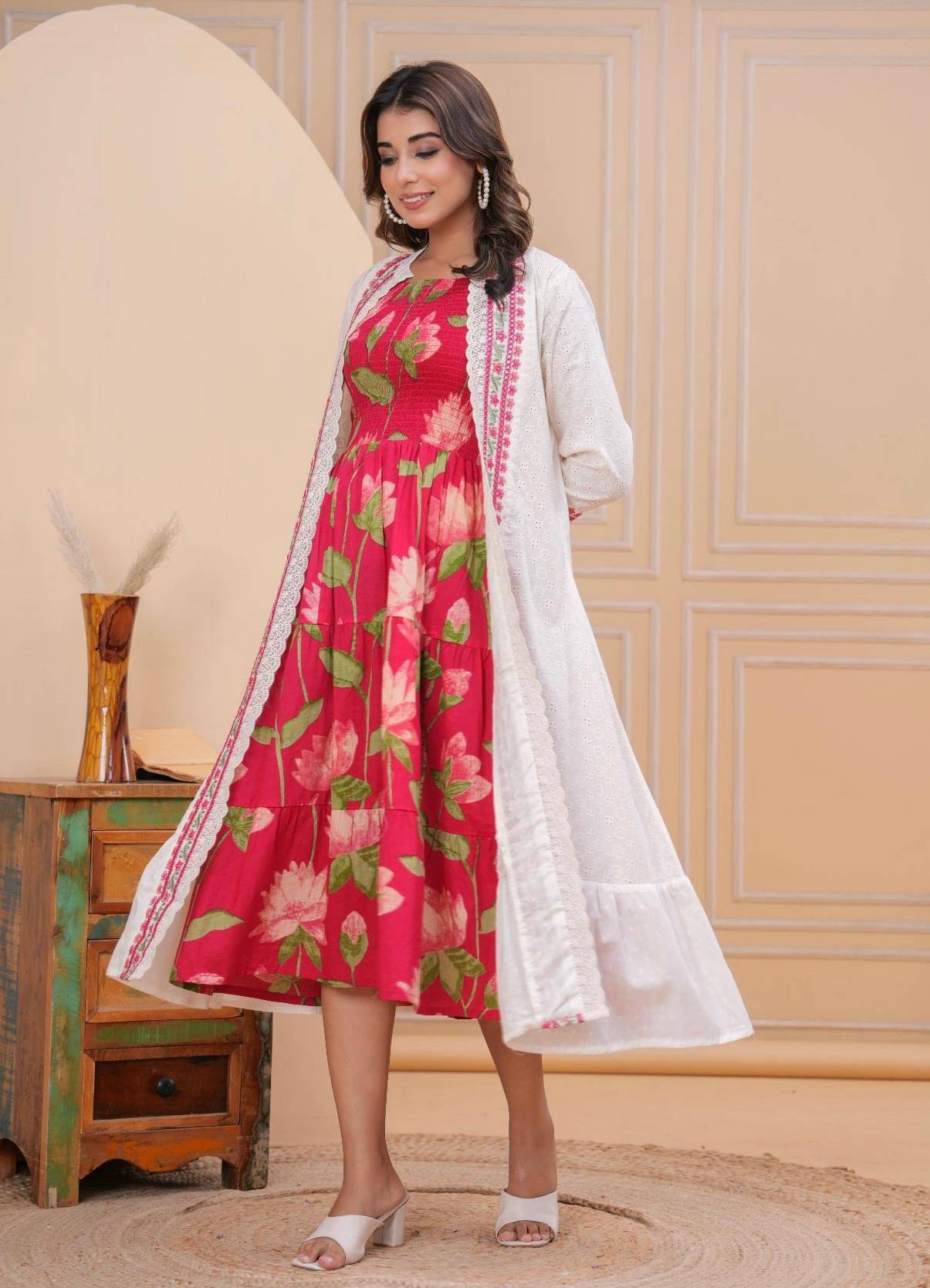 Long Cotton Sciffli Embroidered Shrug With Floral Sleeveless Inner Kurta in Pink