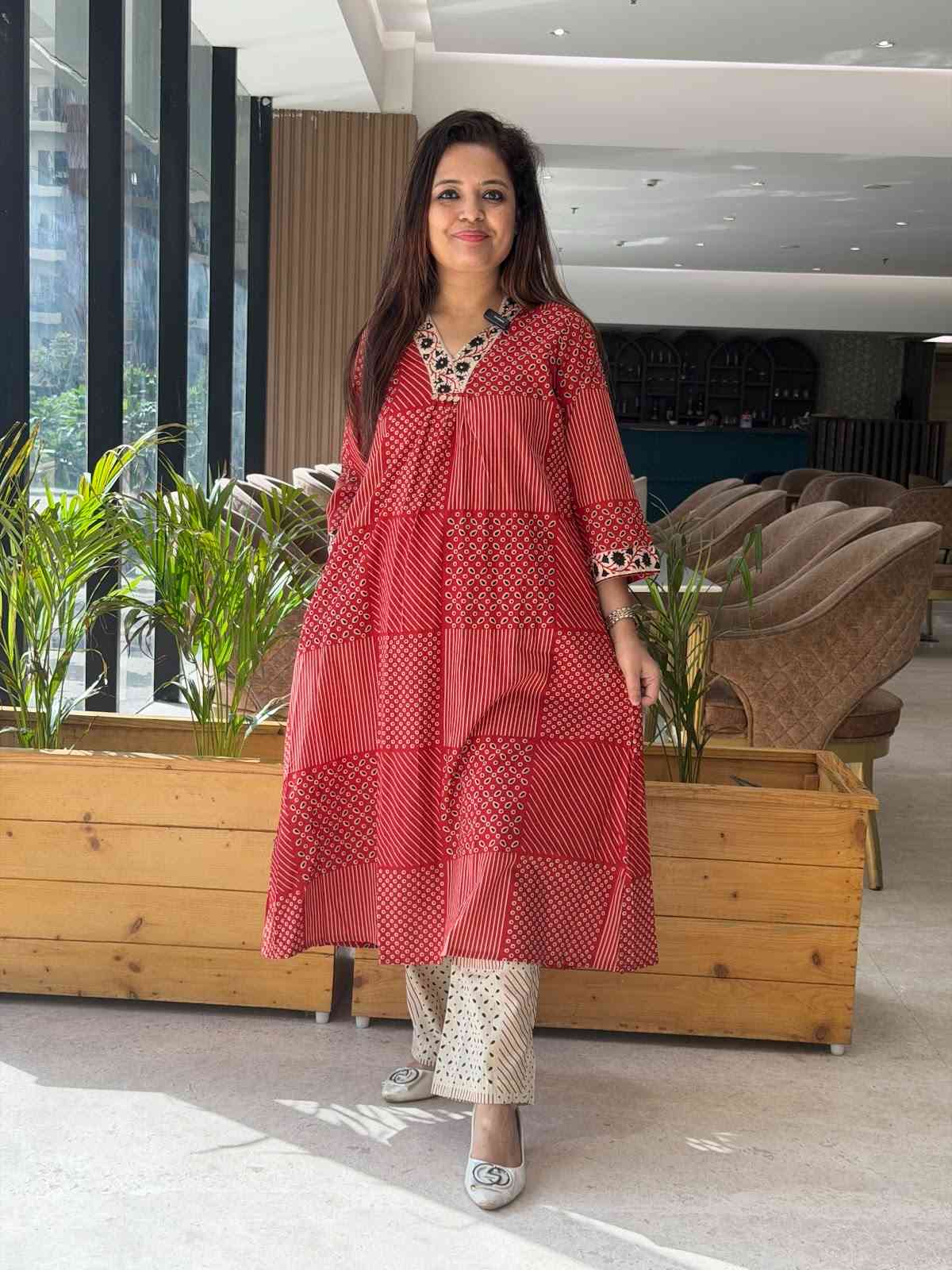 Pant Set In Cotton Handwork Detailing On Neck Sleeves With Pockets in Red