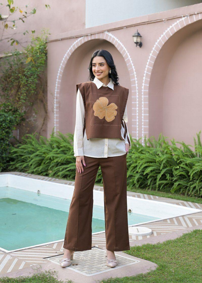Pure cotton detachable Coordset with appliqué work with and matching brown wide-leg pants