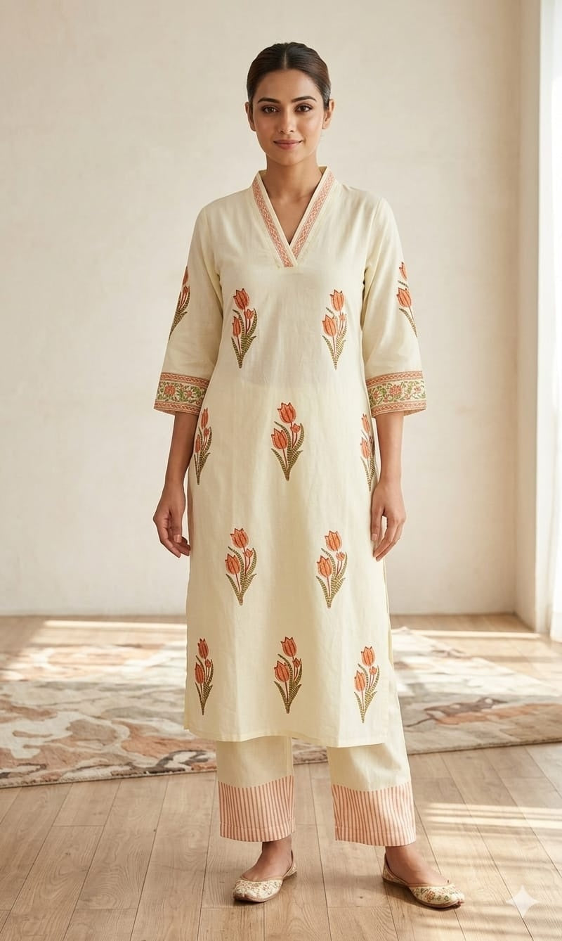 Pure cotton handblock kurta pant set