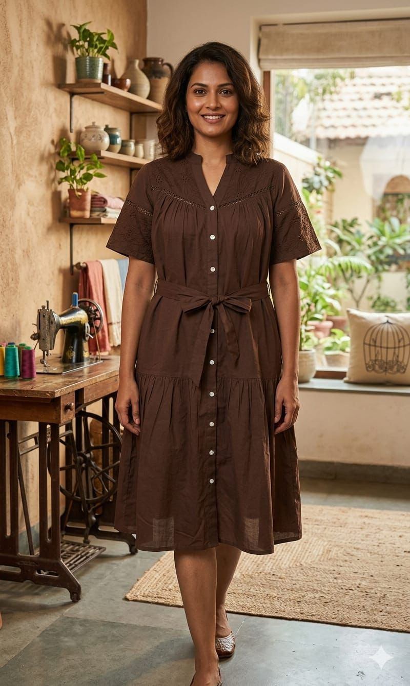 Pure cotton quresio brown middi dress with beading lace detailing and inner
