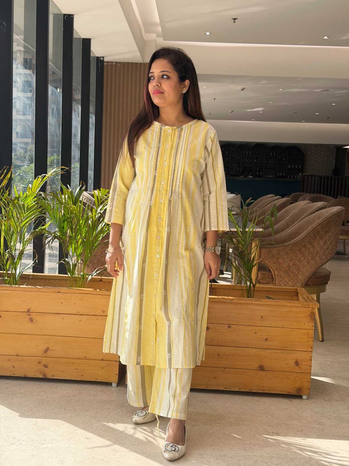 Pure Cotton Pant Set With Crochet Detailing On Back With Pockets In Bottom in Yellow
