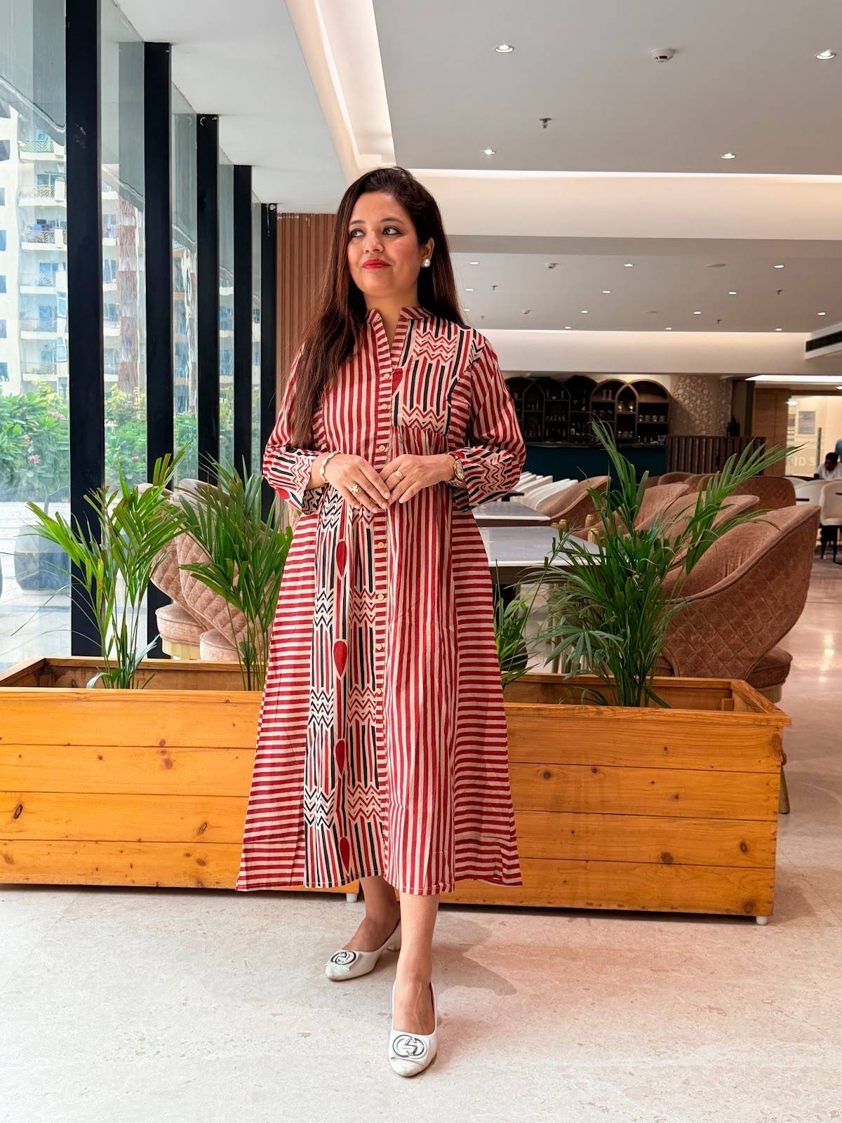 Red and cream Dressstriped cotton modal maxi-dress with a mandarin collar and katha-stitch detailing on the front and shoulders