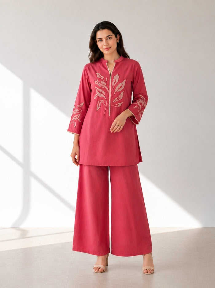 Rose Pink cotton flex Coordset with botanical Motifs refined botanical motifs with flared plazzo