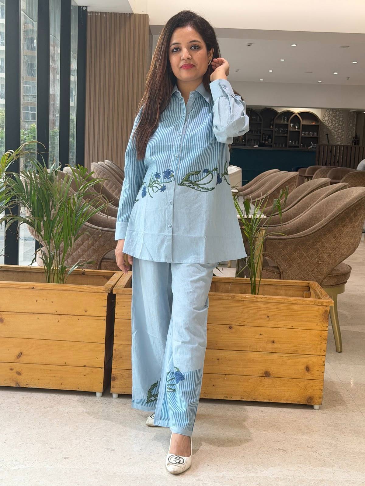 Sky Blue Digital print Cotton Coordset