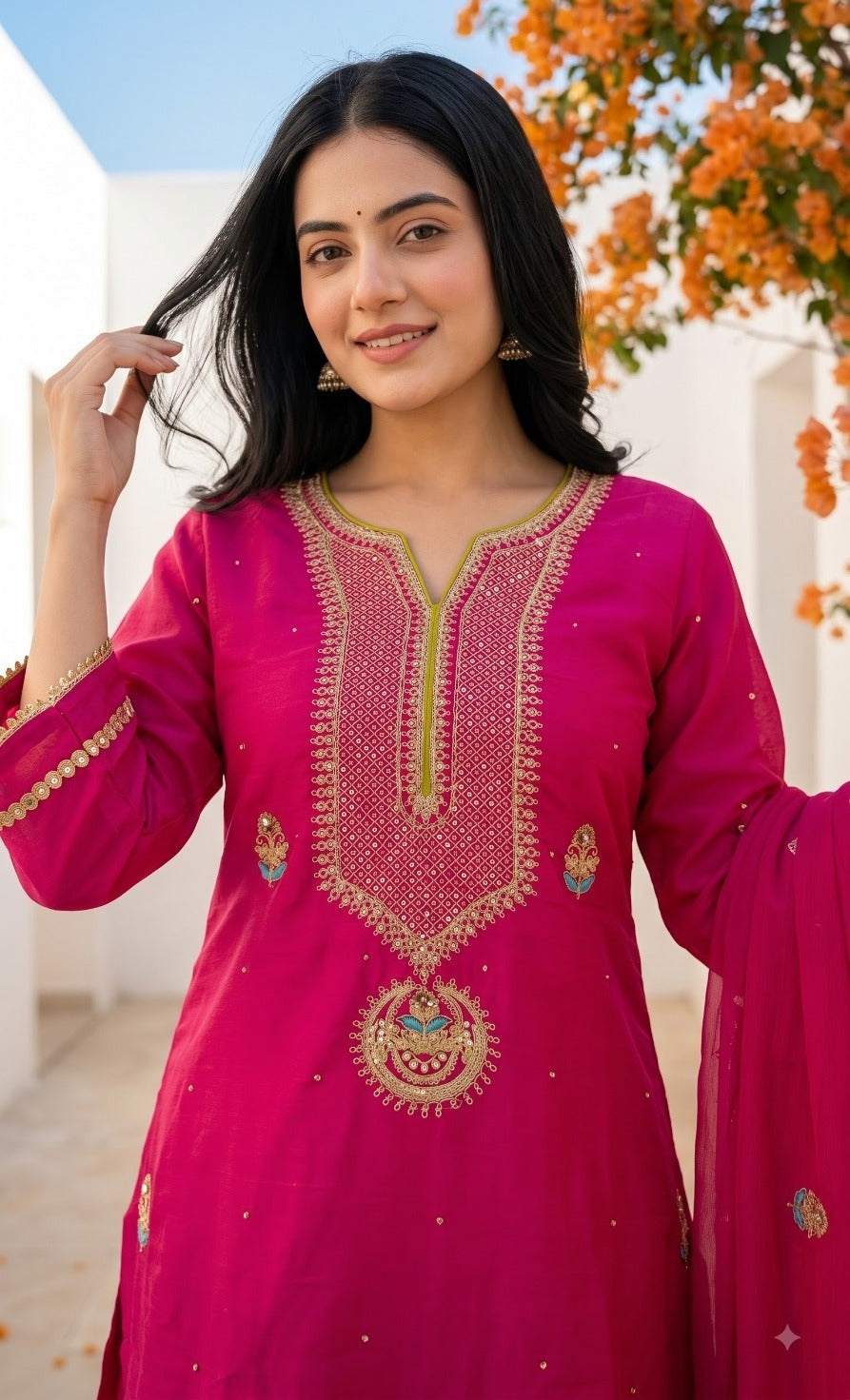 Vibrant pink ethnic sharara set intricate gold zari embroidery