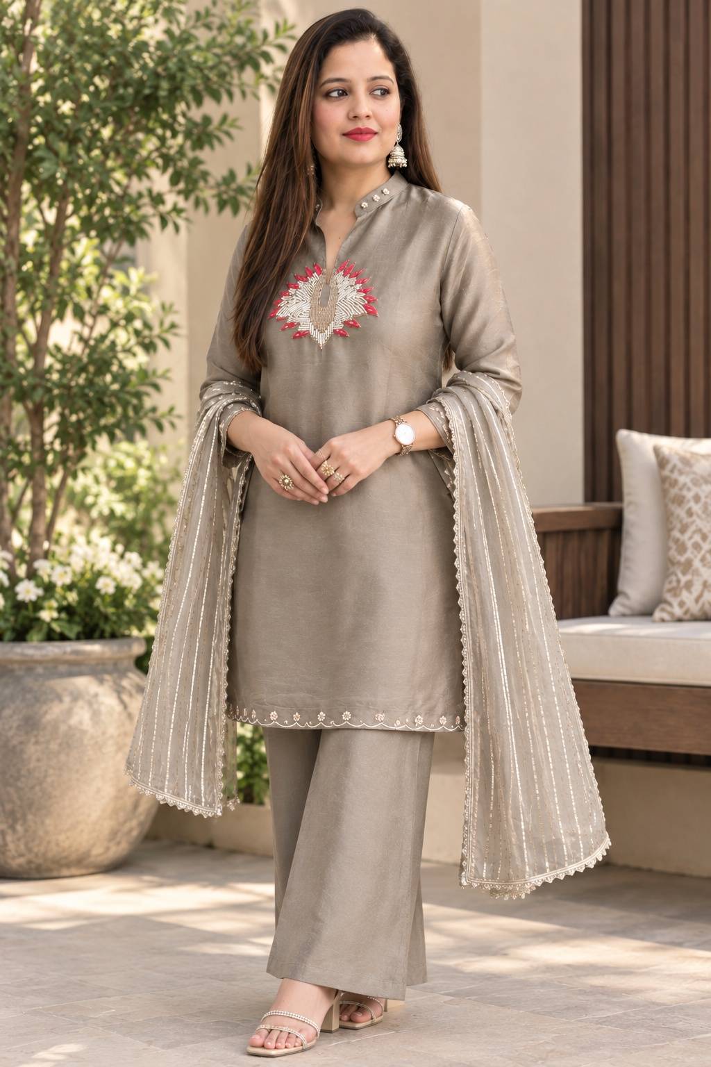 Beige Pure tissue shimmer Sharara set pearl handwork embroidered