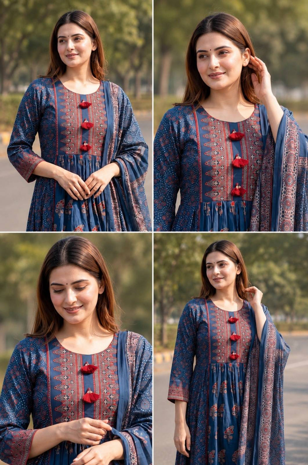 Blue Ajrak printed pure cotton tired anarkali suit set with traditional motifs