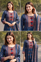 Blue Ajrak printed pure cotton tired anarkali suit set with traditional motifs