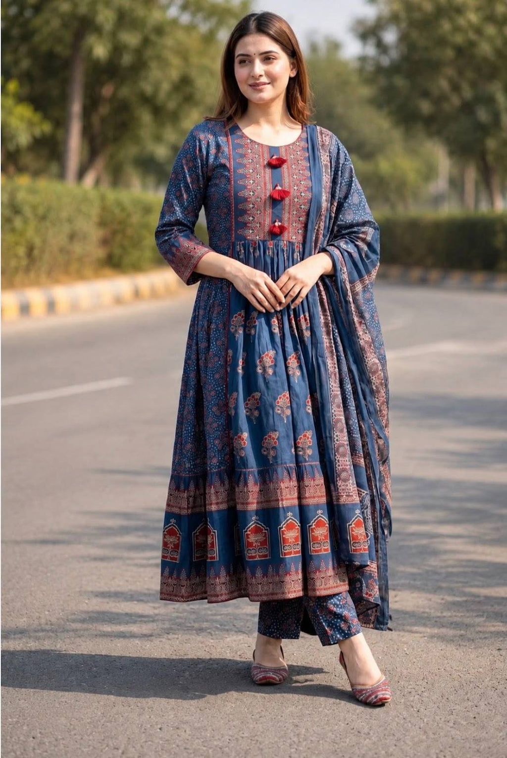 Blue Ajrak printed pure cotton tired anarkali suit set with traditional motifs