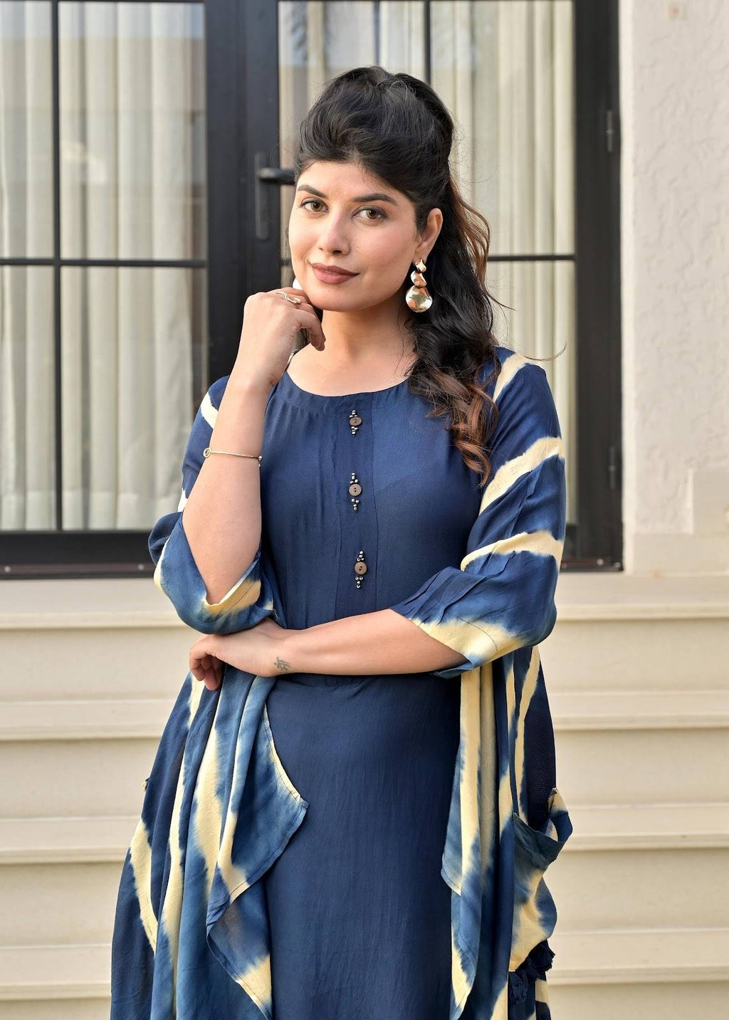 Pure muslin tie and dye shrug dress in Blue