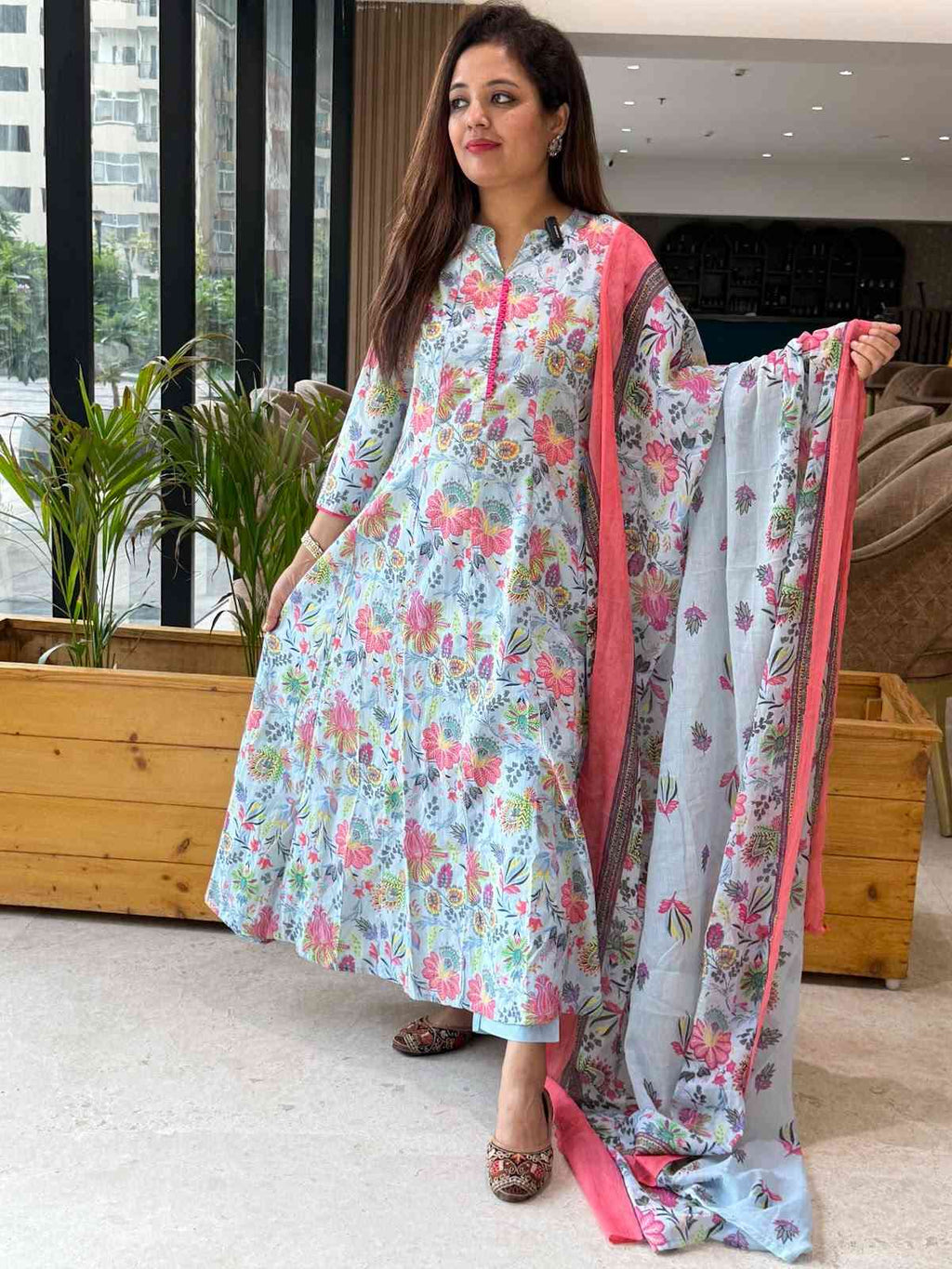 Blue Floral cotton Anarkali suit