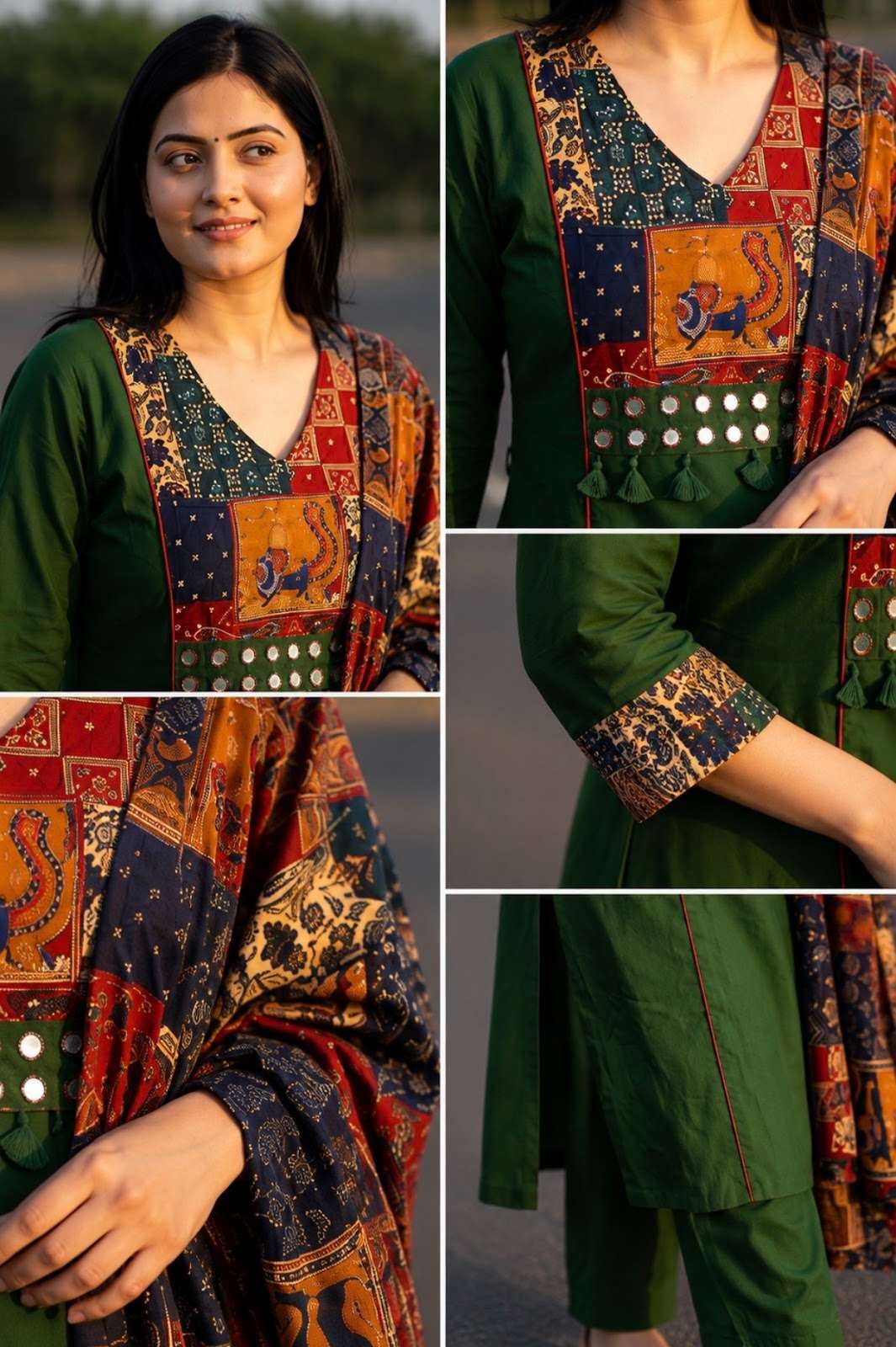 Bottle Green Flex cotton with mirror work