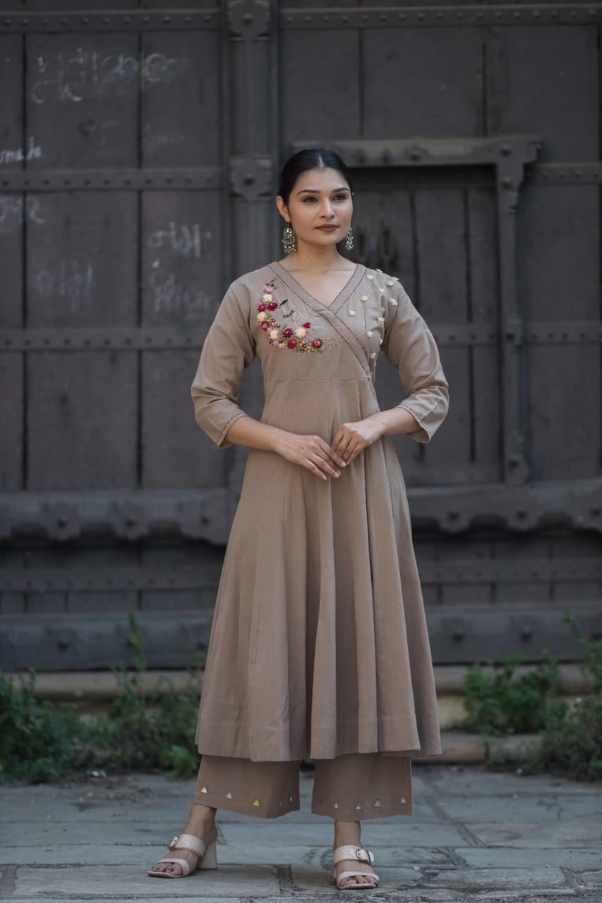 Brown Anarkali  floral-embroidered Angrakha neckline and mirror-work details with bottom