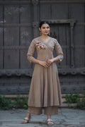 Brown Anarkali  floral-embroidered Angrakha neckline and mirror-work details with bottom