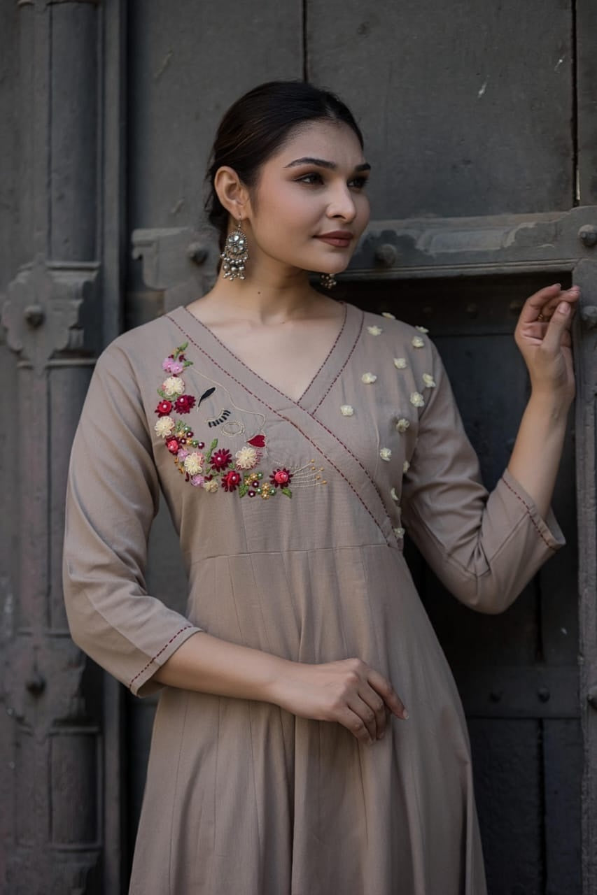 Brown Anarkali  floral-embroidered Angrakha neckline and mirror-work details with bottom