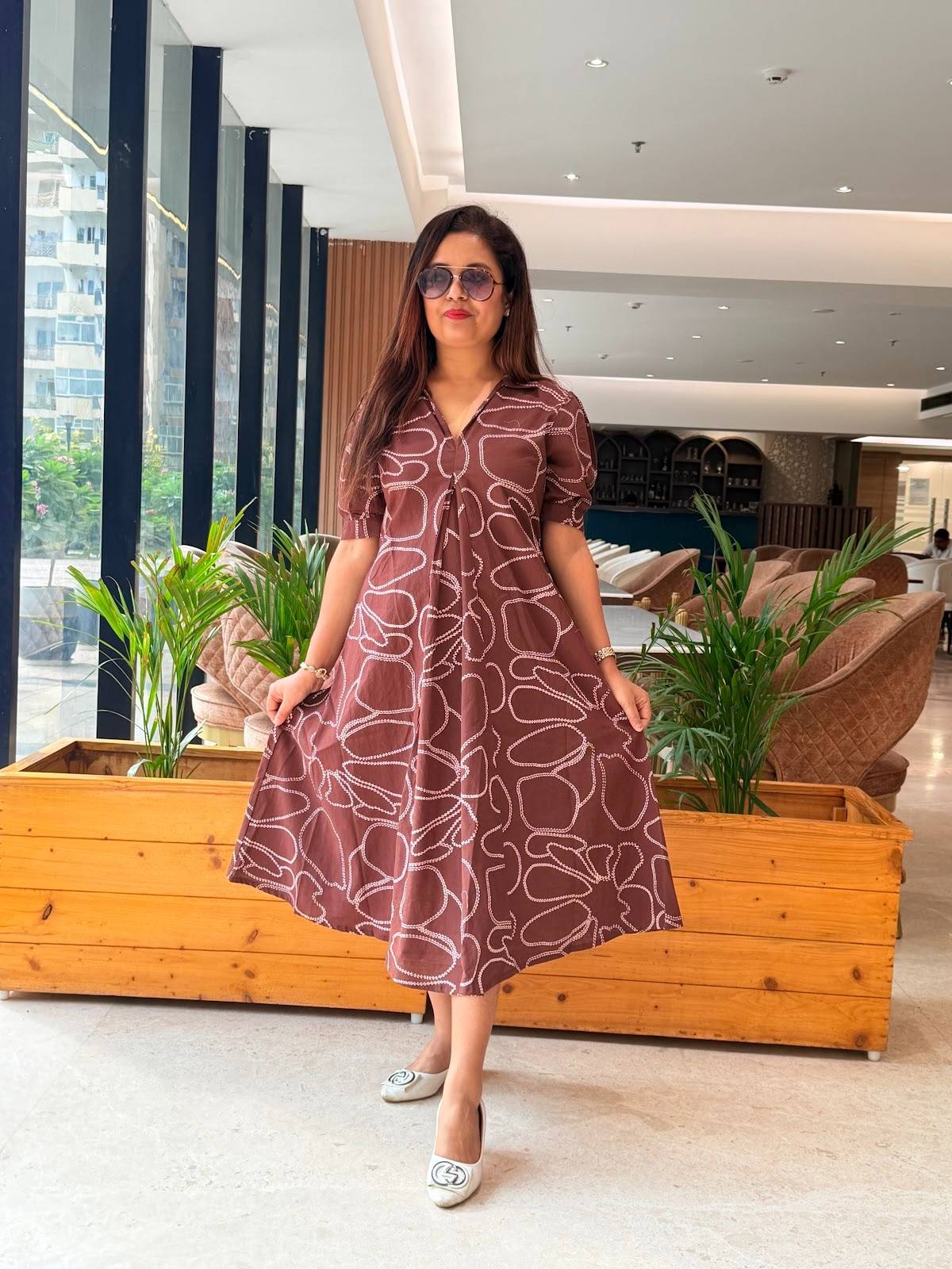 Brown printed cotton one piece collared  neck dress with super comfort n fir