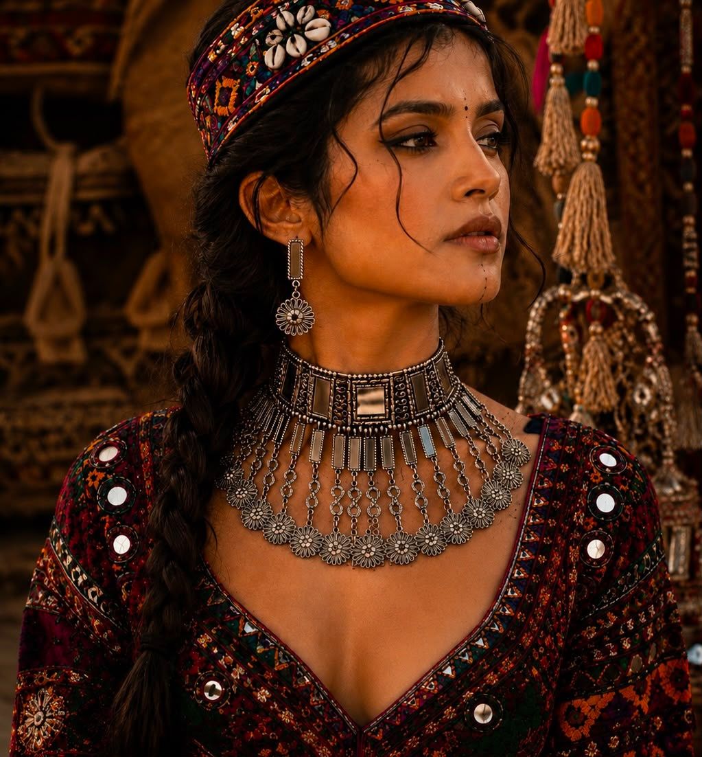 Cat oxidised jewellery Statement Mirror chokar set