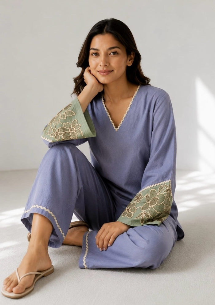Cotton flex lavender coordset with embroidered floral cuff with scalloped neckline with wide pants