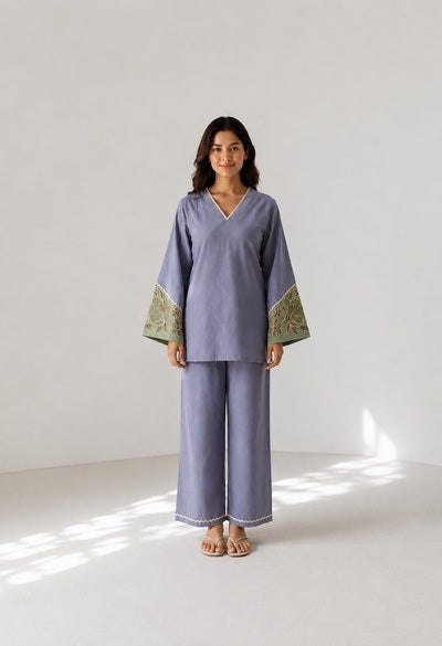 Cotton flex lavender coordset with embroidered floral cuff with scalloped neckline with wide pants