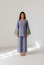 Cotton flex lavender coordset with embroidered floral cuff with scalloped neckline with wide pants