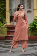 Cotton Shamrey pant set in Peach Colour with gold metal coin embellishments broad yoke with coin detailing on bottom