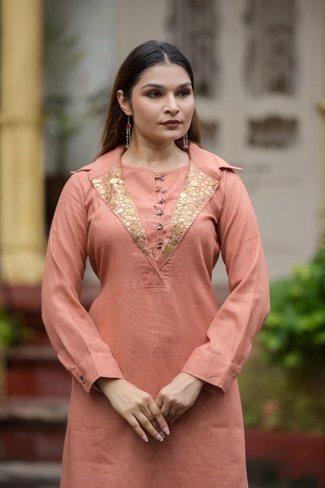 Cotton Shamrey pant set in Peach Colour with gold metal coin embellishments broad yoke with coin detailing on bottom