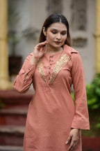 Cotton Shamrey pant set in Peach Colour with gold metal coin embellishments broad yoke with coin detailing on bottom