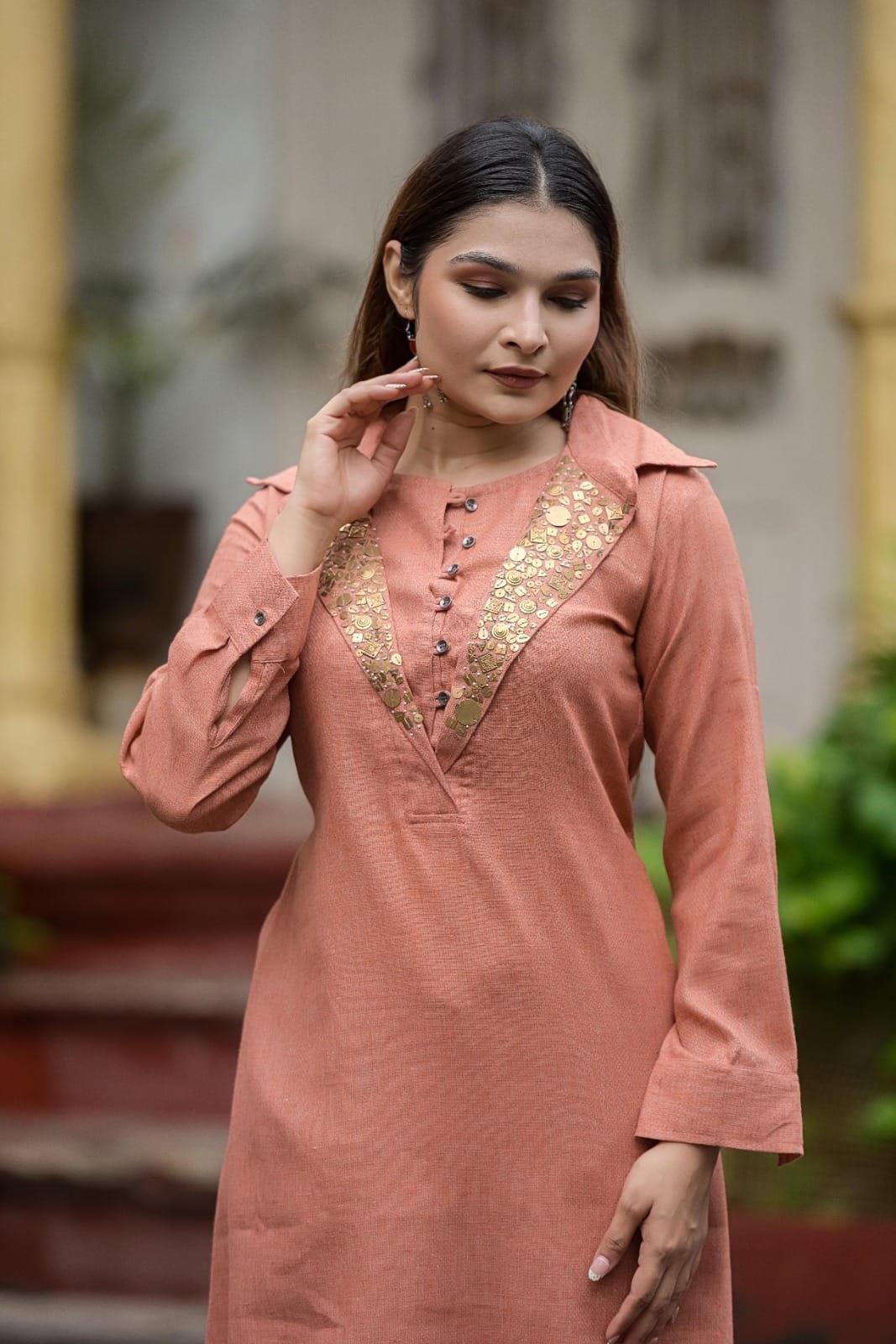 Cotton Shamrey pant set in Peach Colour with gold metal coin embellishments broad yoke with coin detailing on bottom