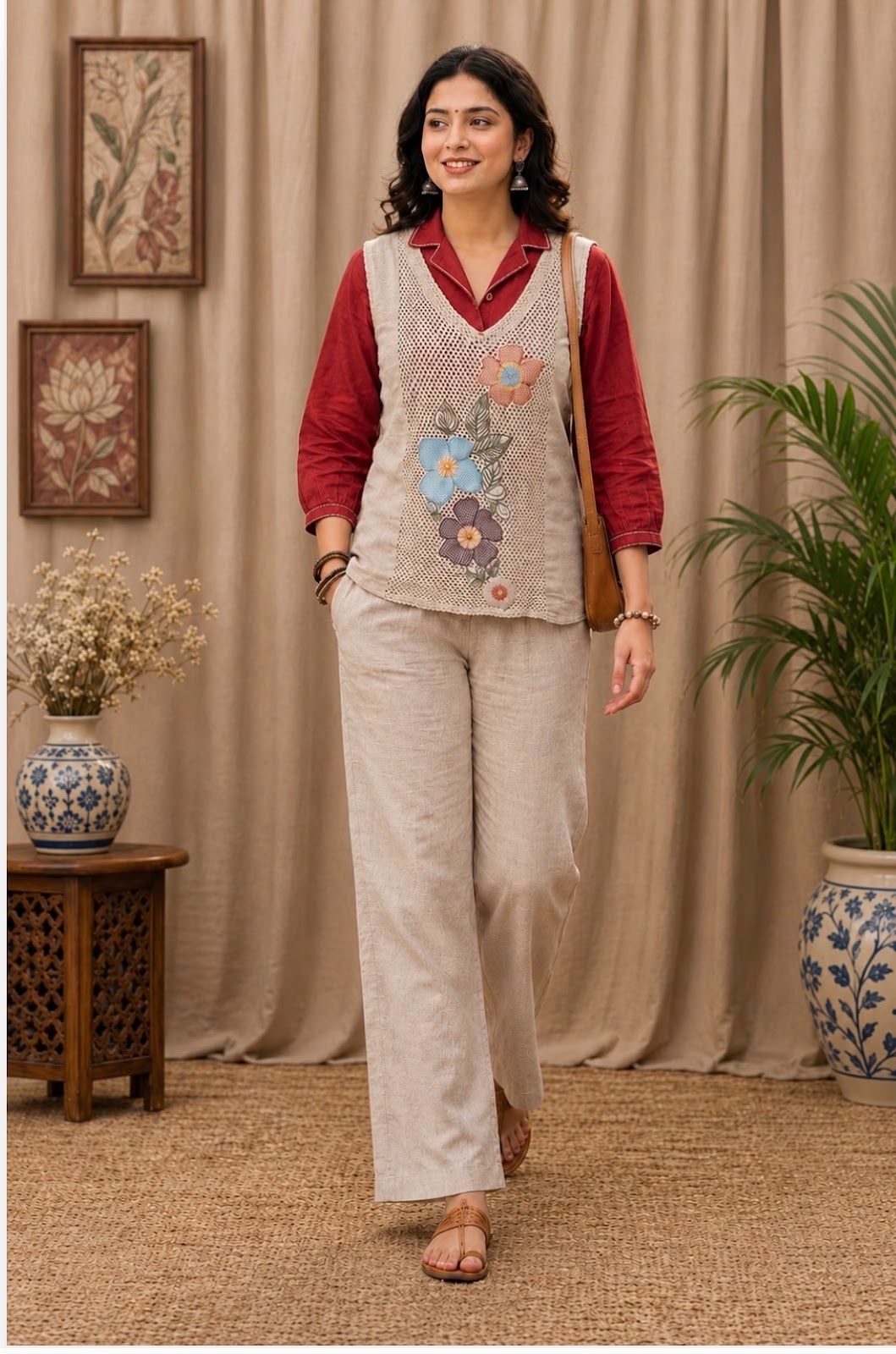Cotton jute coordset with cotton rich shirt with complete florql Applique embroidery