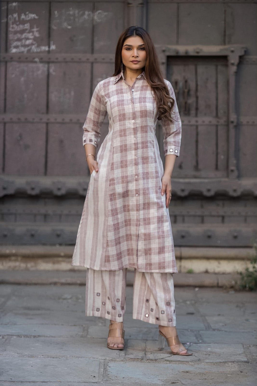 Cotton Linen checks collar pant set with real Mirror detailing on collar sleeves and on culottes