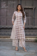 Cotton Linen checks collar pant set with real Mirror detailing on collar sleeves and on culottes
