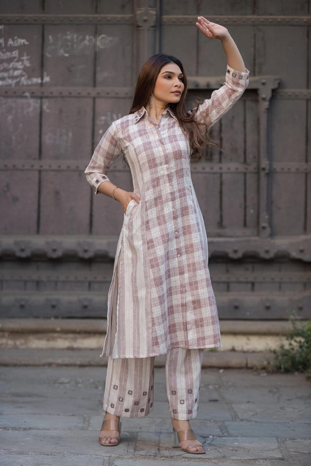 Cotton Linen checks collar pant set with real Mirror detailing on collar sleeves and on culottes