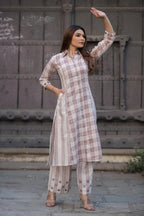 Cotton Linen checks collar pant set with real Mirror detailing on collar sleeves and on culottes