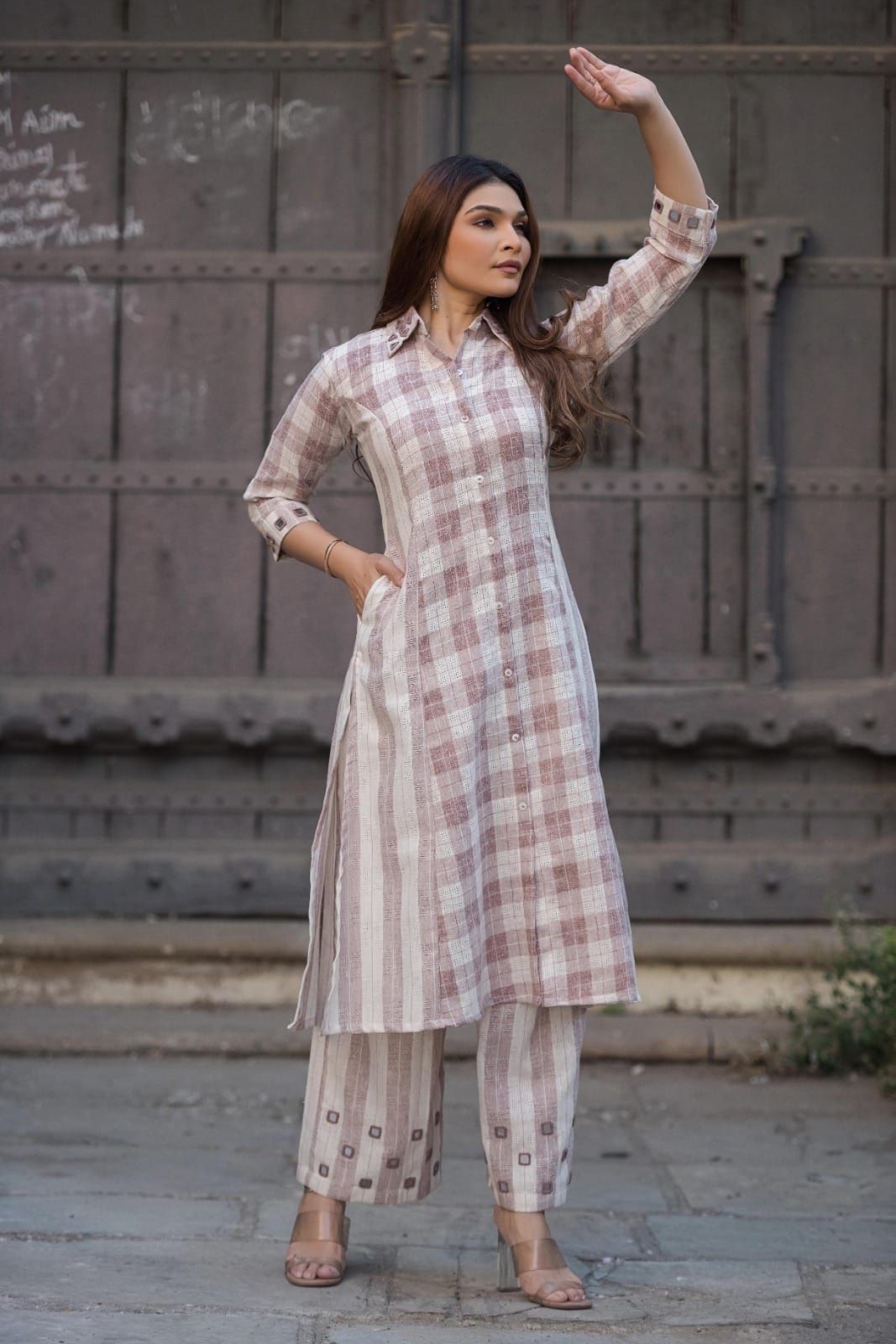 Cotton Linen checks collar pant set with real Mirror detailing on collar sleeves and on culottes