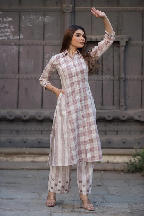 Cotton Linen checks collar pant set with real Mirror detailing on collar sleeves and on culottes