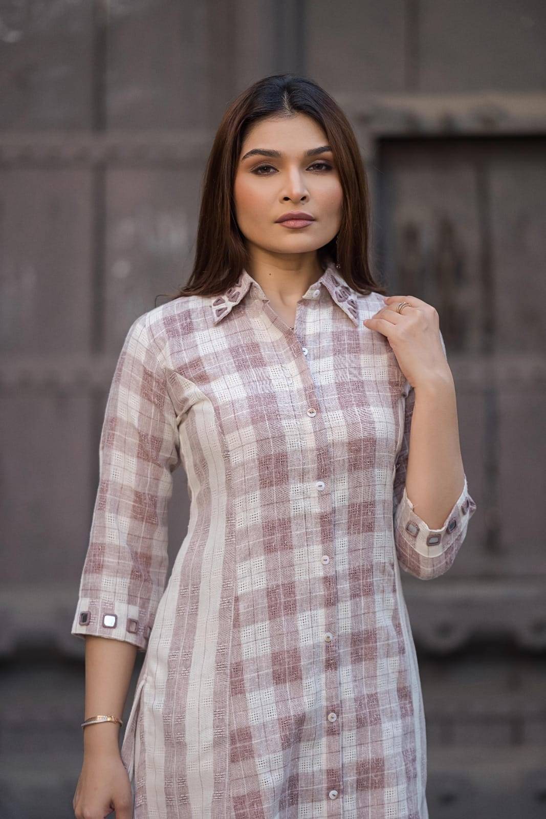 Cotton Linen checks collar pant set with real Mirror detailing on collar sleeves and on culottes