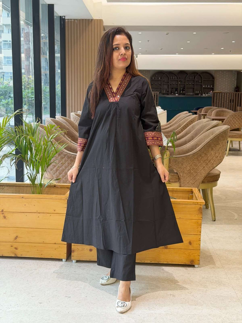 Cotton Pant Set With Designer Handwork On Sleeves Picket With Comfortable Botton in Black