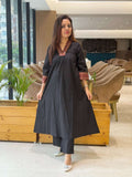 Cotton Pant Set With Designer Handwork On Sleeves Picket With Comfortable Botton in Black