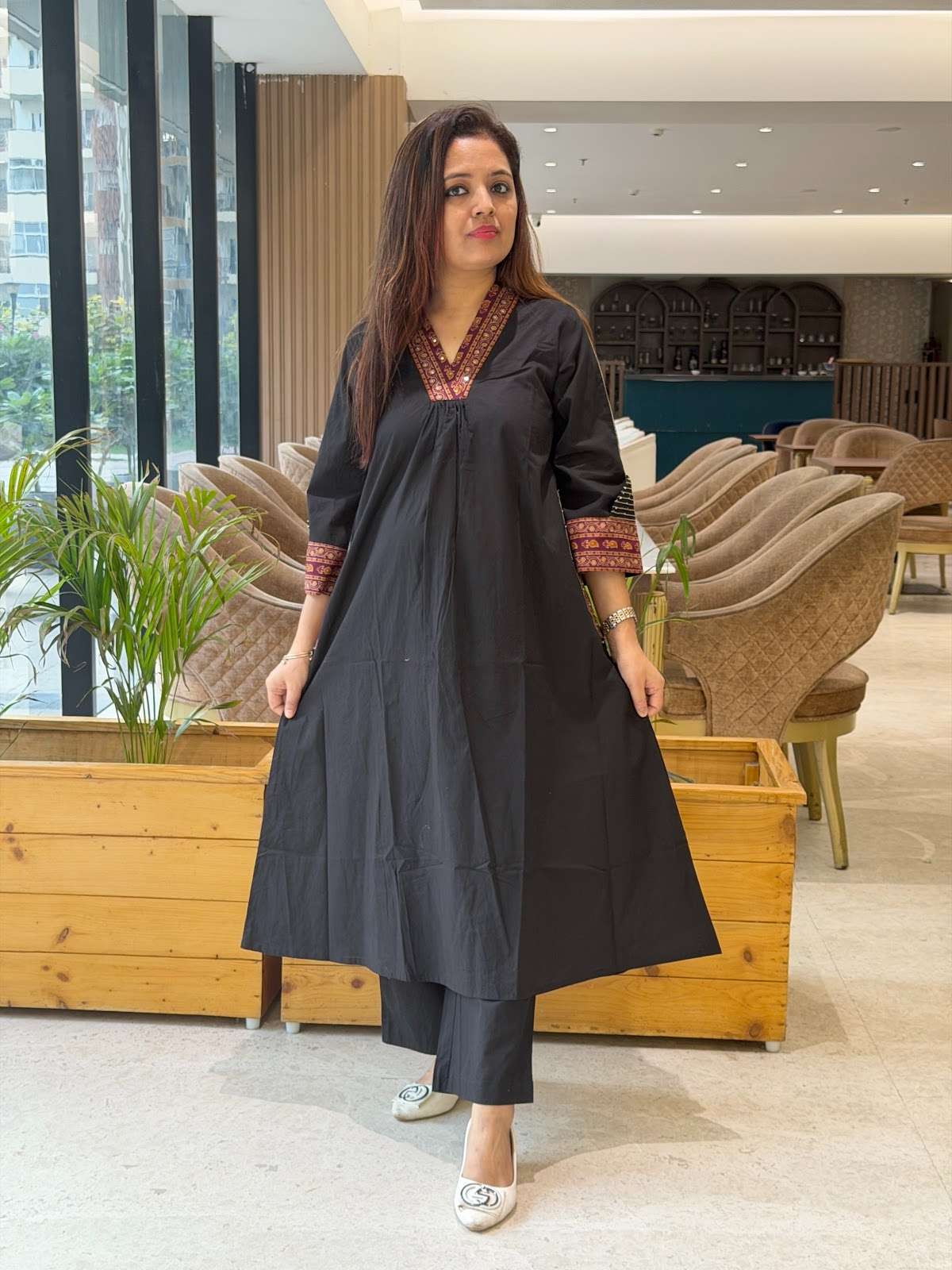 Cotton Pant Set With Designer Handwork On Sleeves Picket With Comfortable Botton in Black