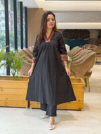 Cotton Pant Set With Designer Handwork On Sleeves Picket With Comfortable Botton in Black