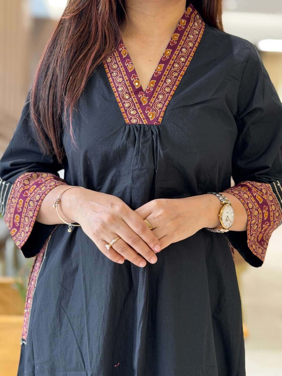 Cotton Pant Set With Designer Handwork On Sleeves Picket With Comfortable Botton in Black
