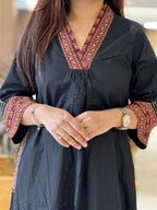 Cotton Pant Set With Designer Handwork On Sleeves Picket With Comfortable Botton in Black