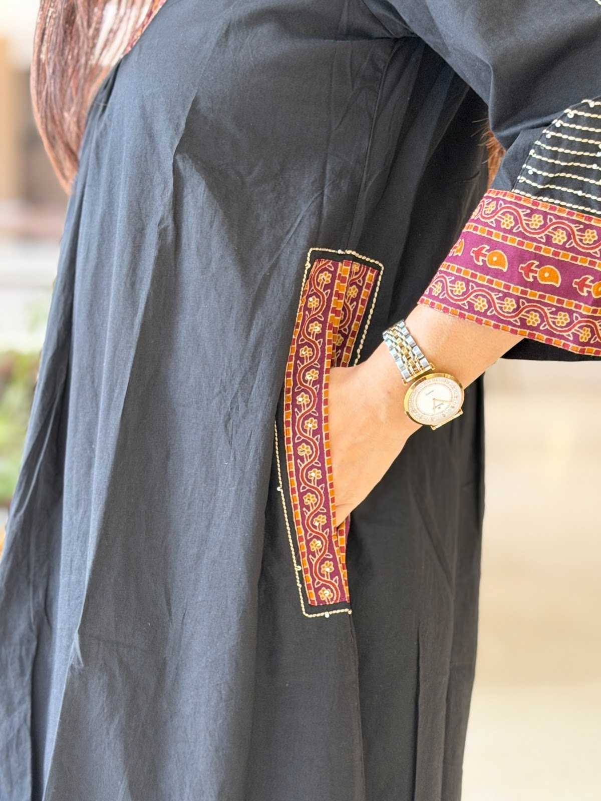Cotton Pant Set With Designer Handwork On Sleeves Picket With Comfortable Botton in Black